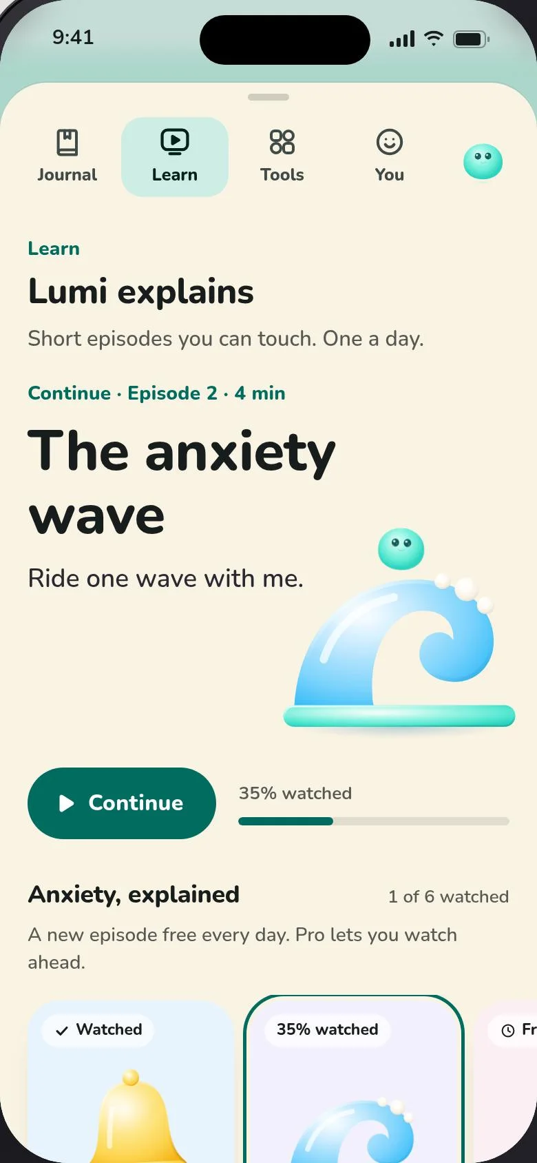 Learn in the app: Lumi explains. Episode 2, The anxiety wave, 4 minutes, with a Continue button.