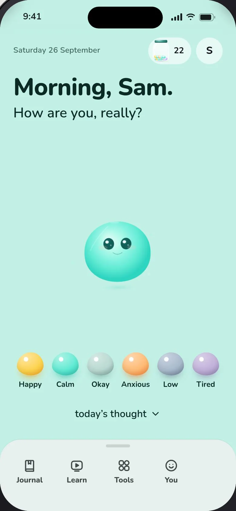 The app’s home screen: “Morning, Sam. How are you, really?” with Lumi, and moods to pick from: happy, calm, okay, anxious, low and tired.