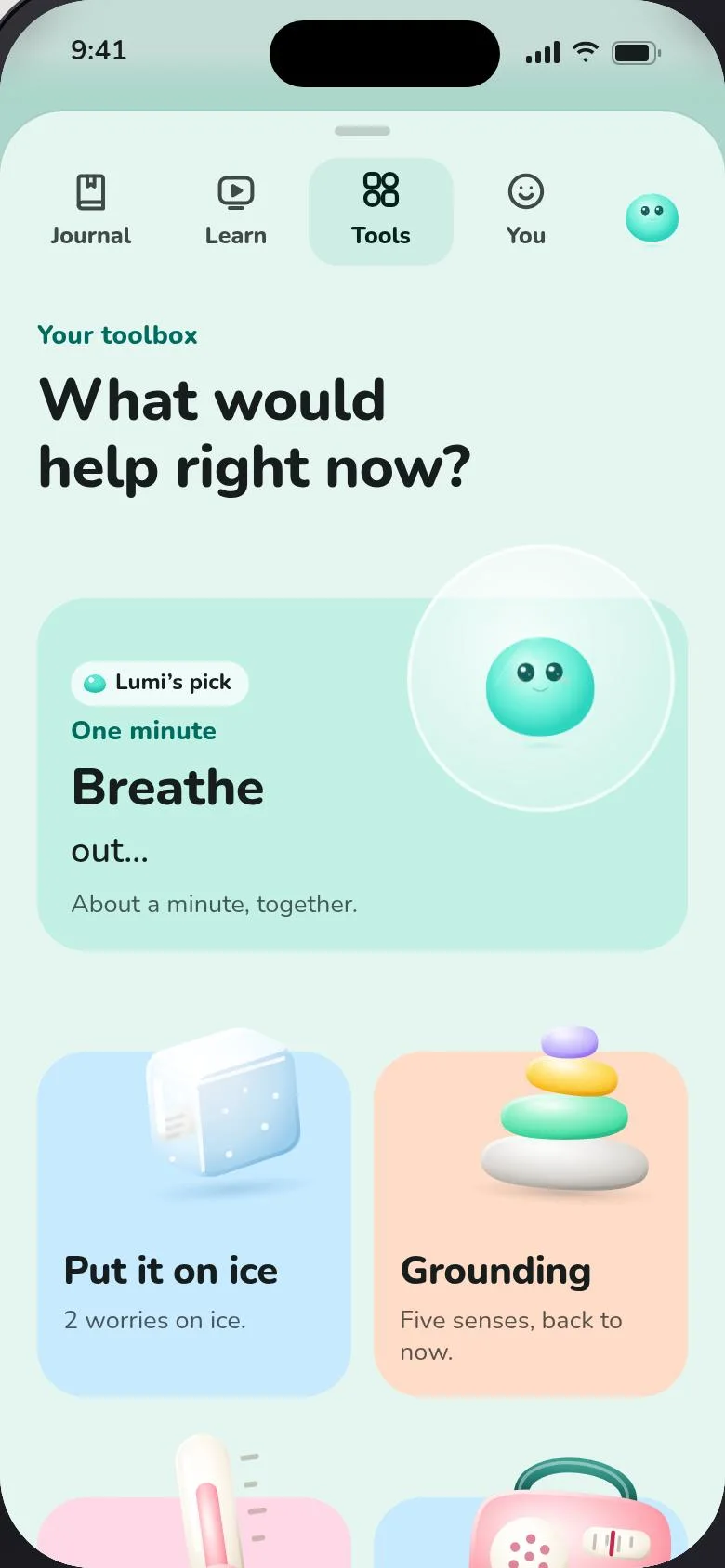 The tools in the app: “What would help right now?” with Breathe as Lumi’s pick, then Put it on ice and Grounding.